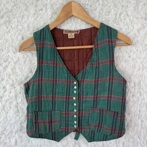 Flowers Plaid Quilted Vest Size M Green Red Cotton Cottagecore Dark Academia VTG